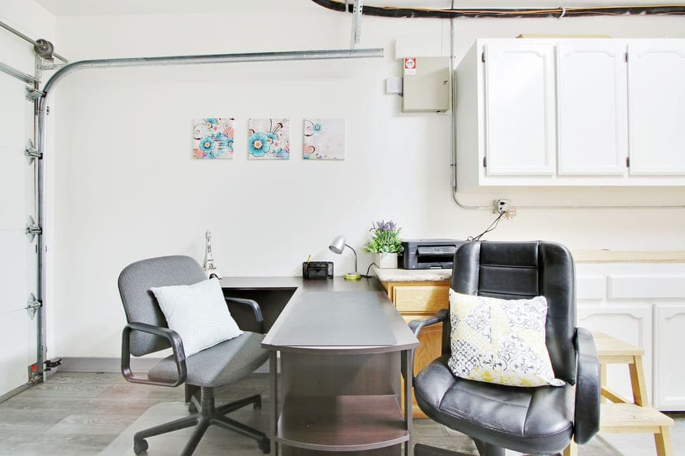 Work station/office in converted garage. 