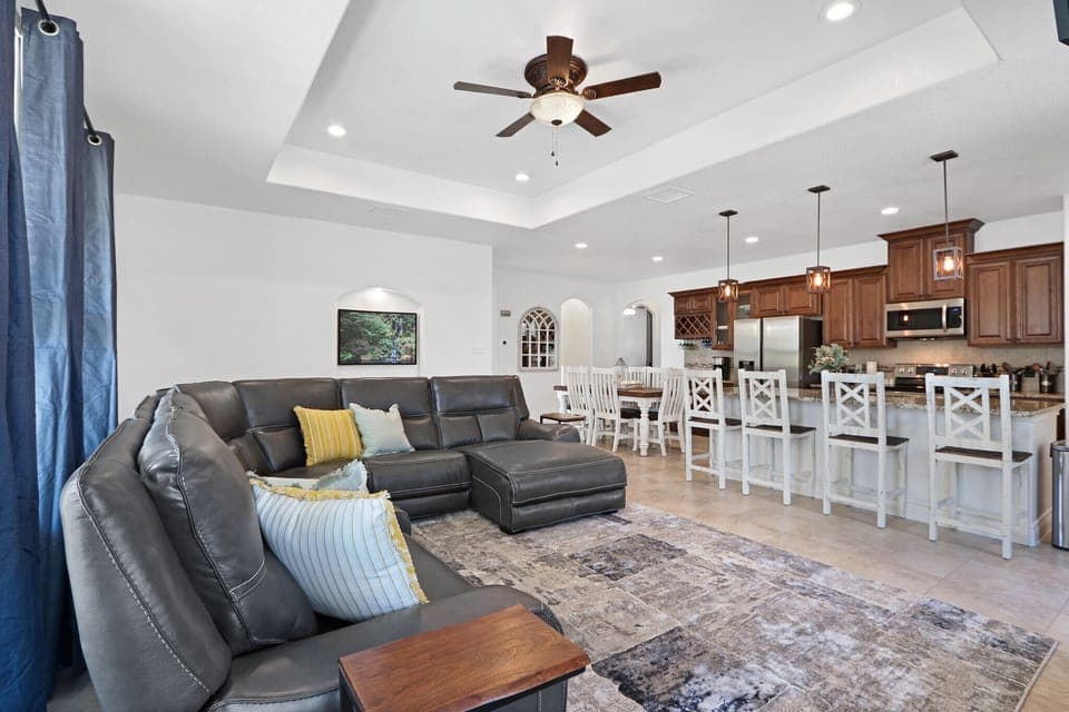 View from the living room showing the kitchen and dining table locations.