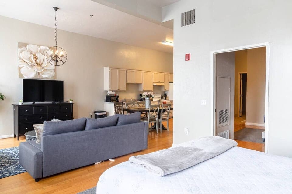 LIVING ROOM AREA: Includes (1) Queen bed & (1) Sofa Bed with all pillows, linens and blankets as well a 50 inch ROKU Smart TV