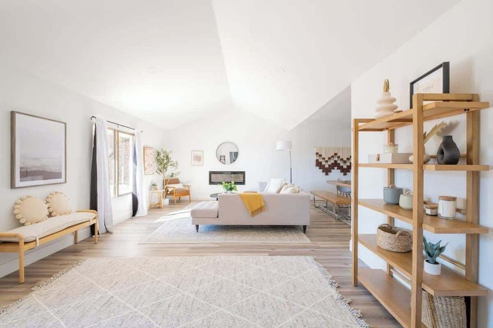 The home is filled with chic décor in soft, earthy tones