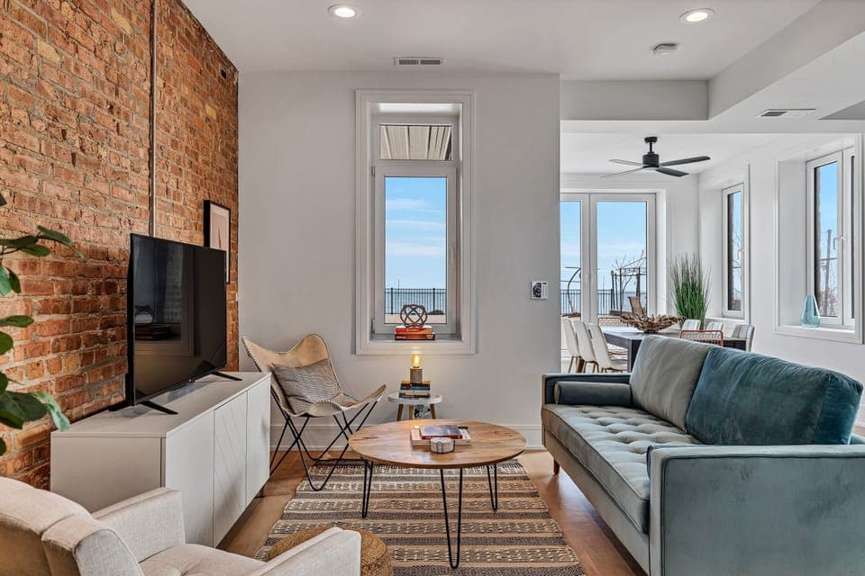 Living room with lakeside views