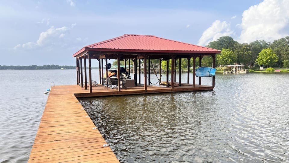 Patio table and chairs on dock