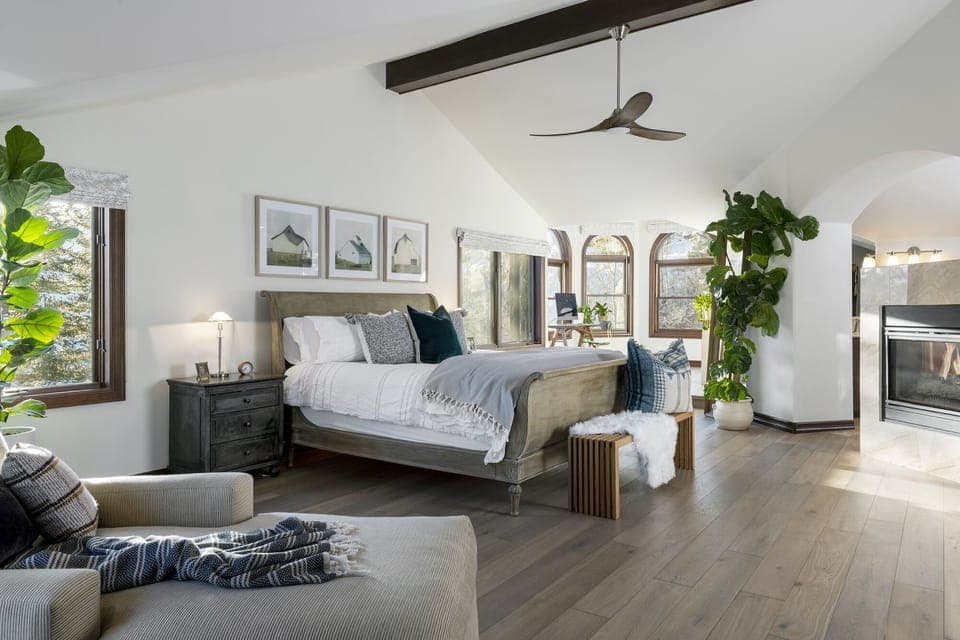 Your master suite.  King sized everything: organic luxe mattress, fireplace, TV.