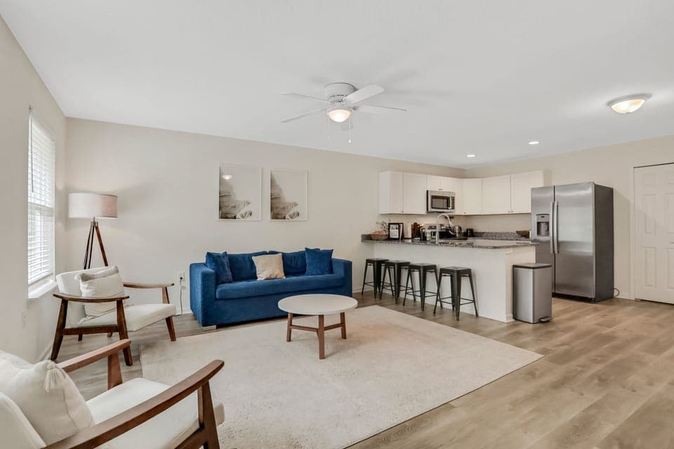 Living space with full sized kitchen.