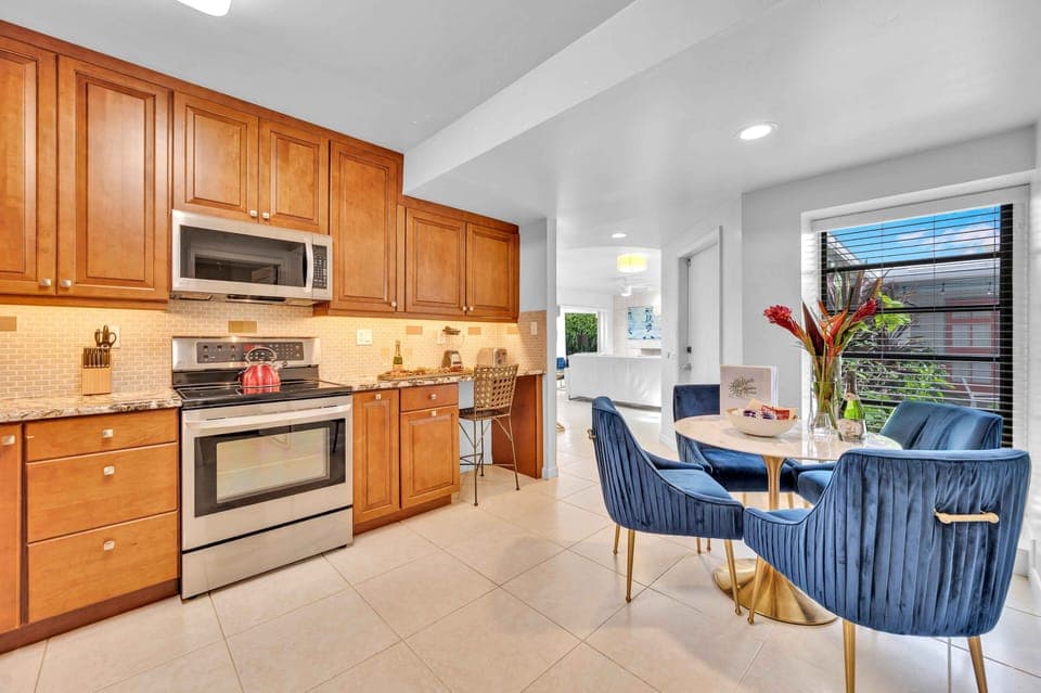 The updated kitchen has everything you need to prepare a meal or a snack.
