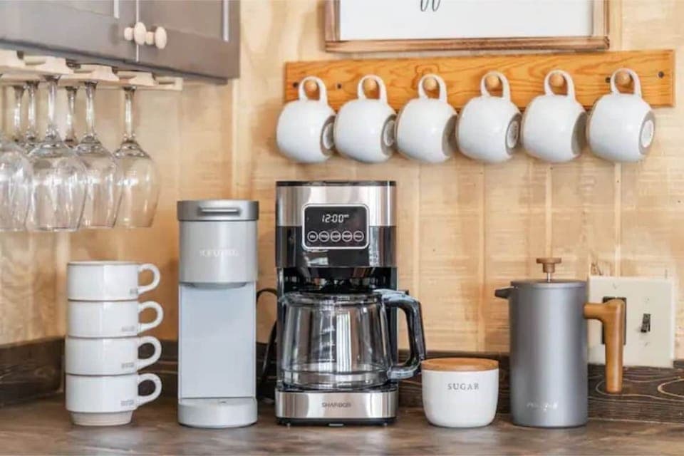 Our coffee corner complete with a drip coffee maker, Keurig and a French Press