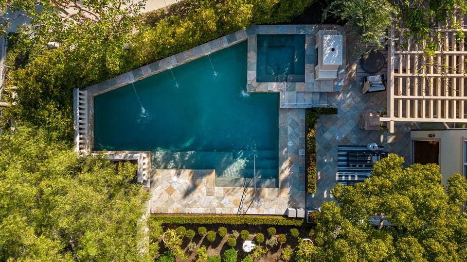 Aerial view the backyard with large private pool & spa