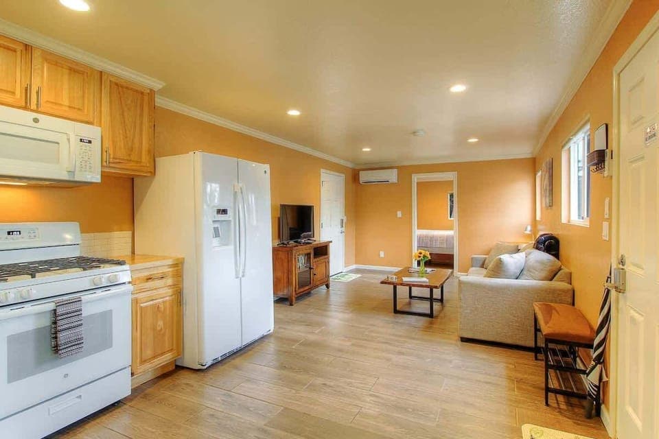 Living area has a sofa with a pullout bed where you can watch shows on Cable or movies on netflix. We also have a few DVDs to choose from and board games to play. Air conditioner and heater to keep comfortable.