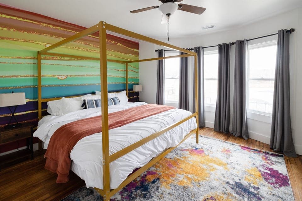 Our luxurious (and colorful!) king bedroom