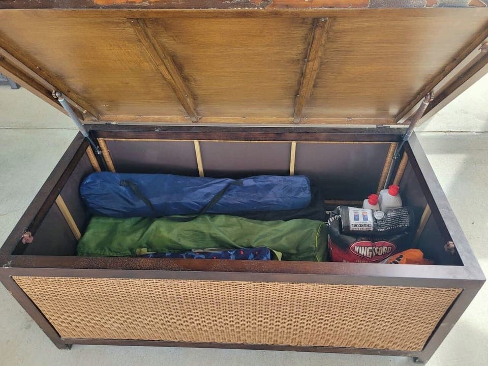 Addt'l seating and also storage for beach chairs and all grilling needs :)