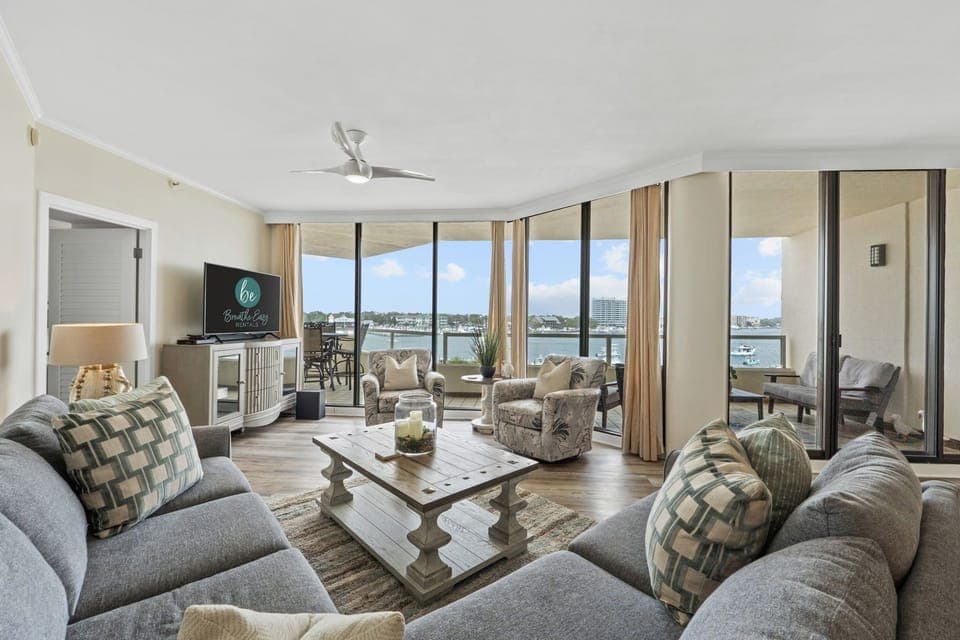 Relax with harbor views from comfy sofa and chairs while watching your favorite shows.

Professionally Managed by
Breathe Easy Rentals