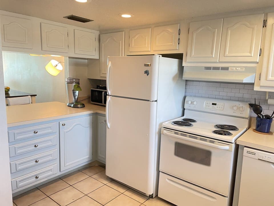 Fully stocked kitchen includes refrigerator, oven/stove, dishwasher, microwave