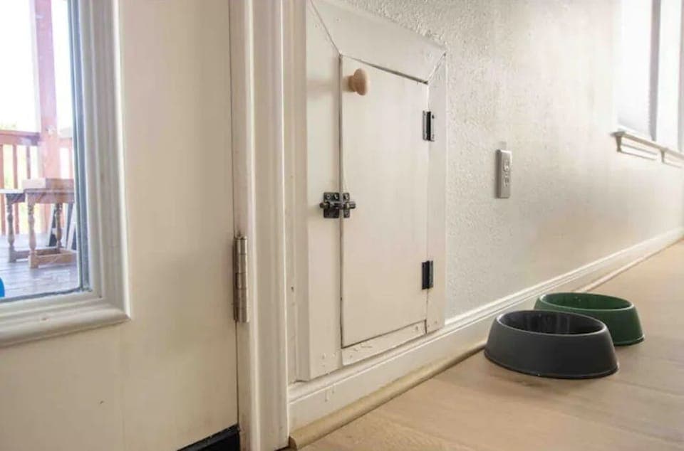 A pet door and some bowls for your fur babies' needs!