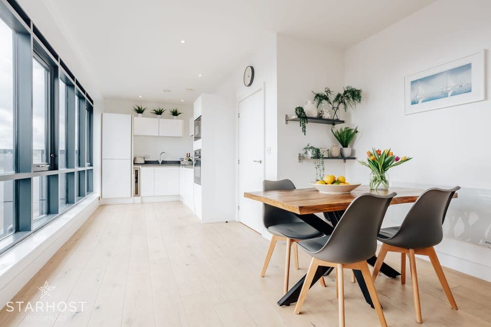 The kitchen and dining areas both have superb views and plenty of natural light