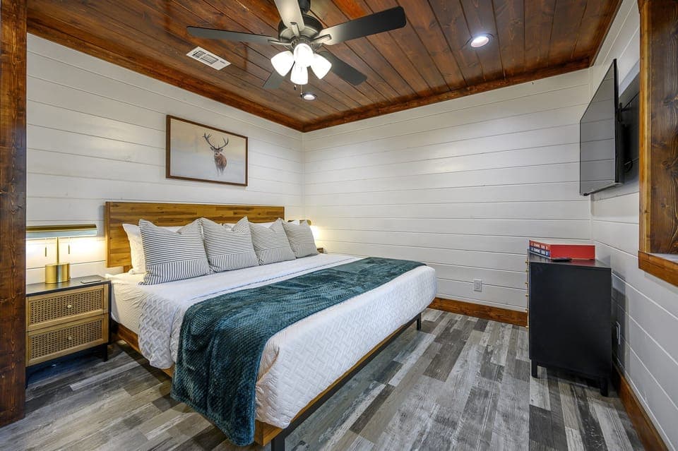 Another spacious bedroom with king size bed, dresser, smart TV, and closet