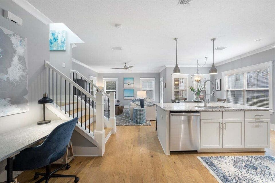 The kitchen island keeps you invited to the living space.