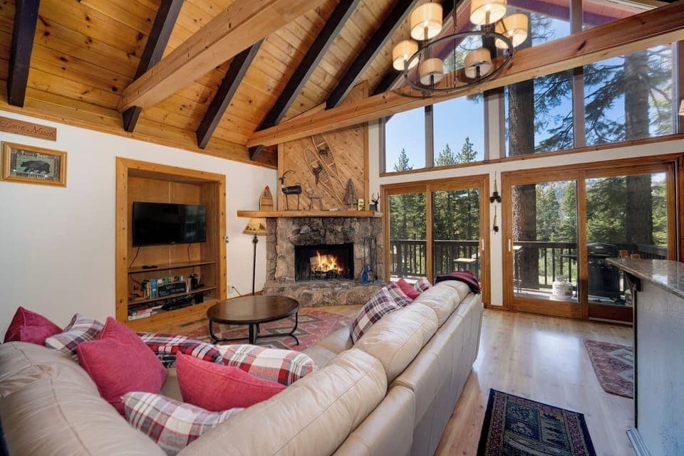 Stone fireplace and views from the couch