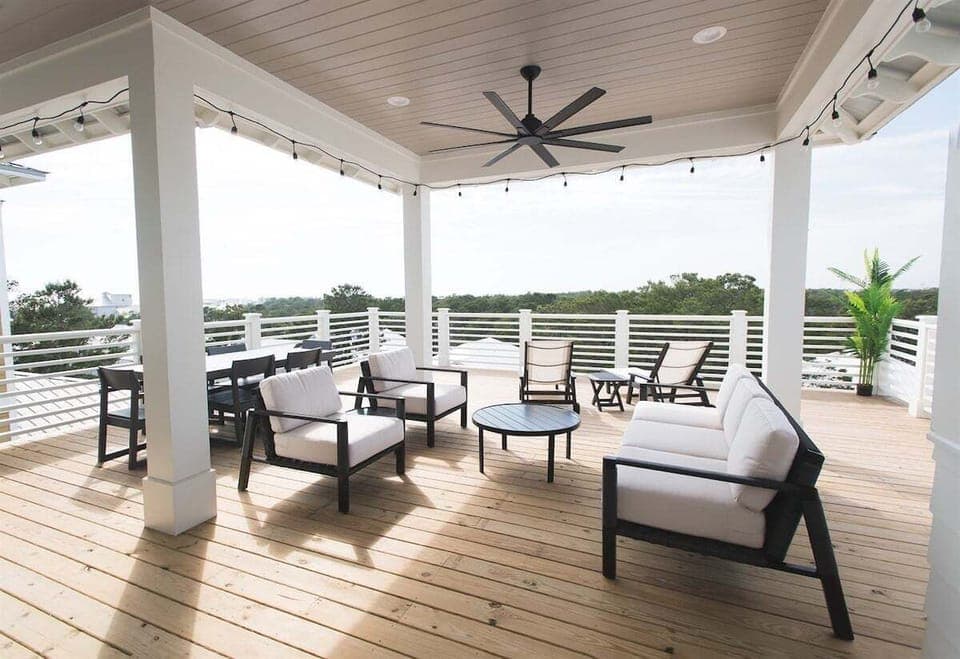 Relax in this beautifully designed outdoor deck, perfect for enjoying the view.