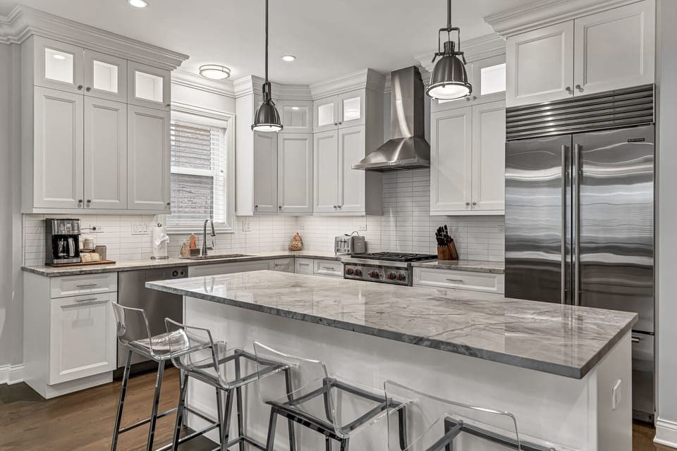 Indoors, Kitchen, Kitchen Island, Refrigerator, Chair