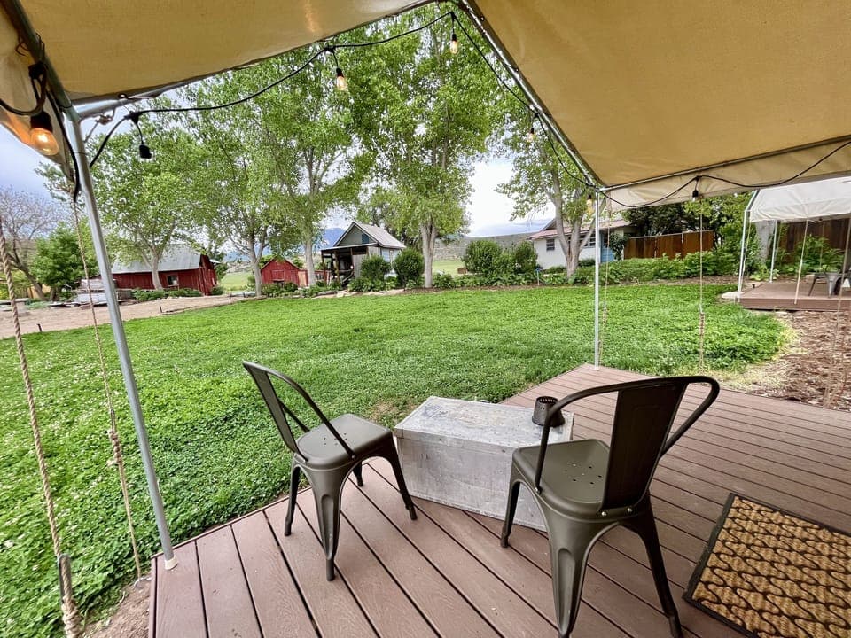 Each tent has a covered porch to sit under.