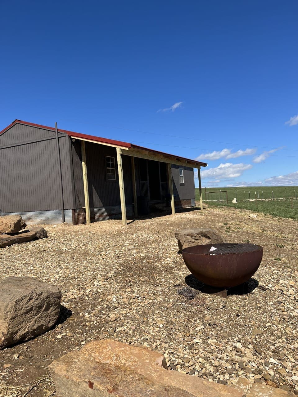 Front of Cabin with Fire Pit