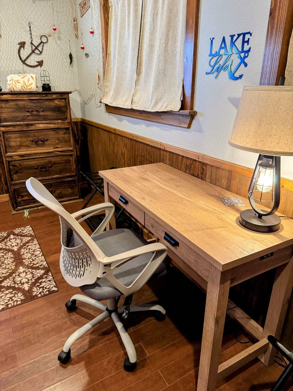 Work space is in the bedroom.