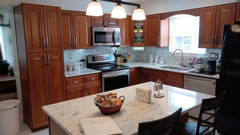 The newly renovated kitchen is the center and heart of the open floor plan.