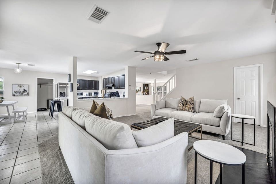 Open layout connects the family room to the kitchen.