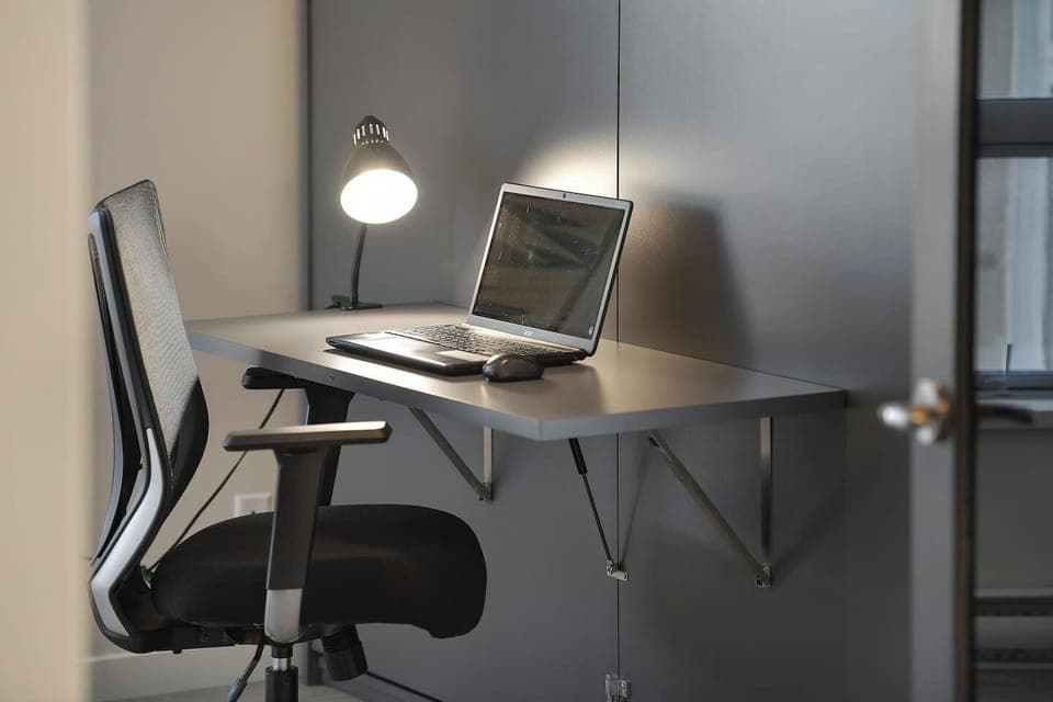 Desk lamp clips on/off desk - Lap Top NOT included. Desk lowers on hydraulics.