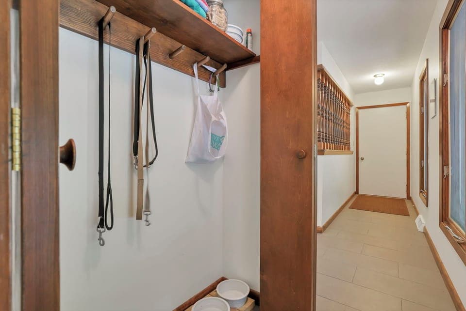 We love our dogs and welcome your well-behaved canine. This closet may help with forgotten essential: leashes, extra bowls, poop bags, and cleaning supplies for any accidents that might happen.