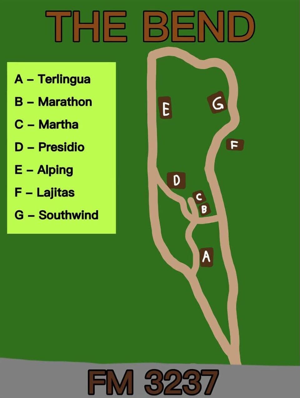 Map of the Bend property showing the location of all the cabins/house and proximity to each other.