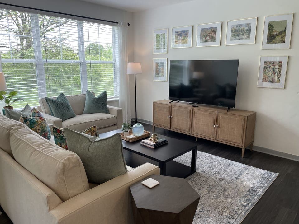 Spacious living area with super comfortable Arhaus furniture