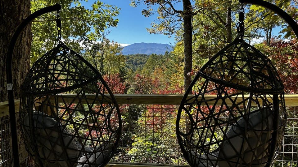Swing into serenity with stunning views of Mount LeConte framed by vibrant forest colors.