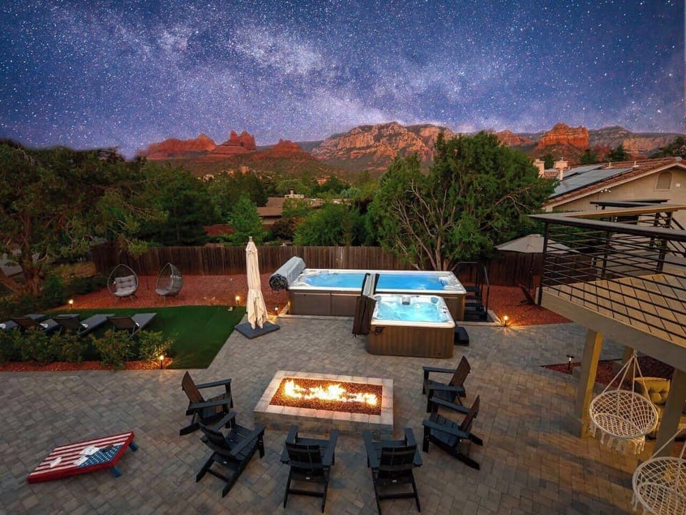Backyard entertainment space with Wow Views. Heated Pool, Spa, Firepit, relax.