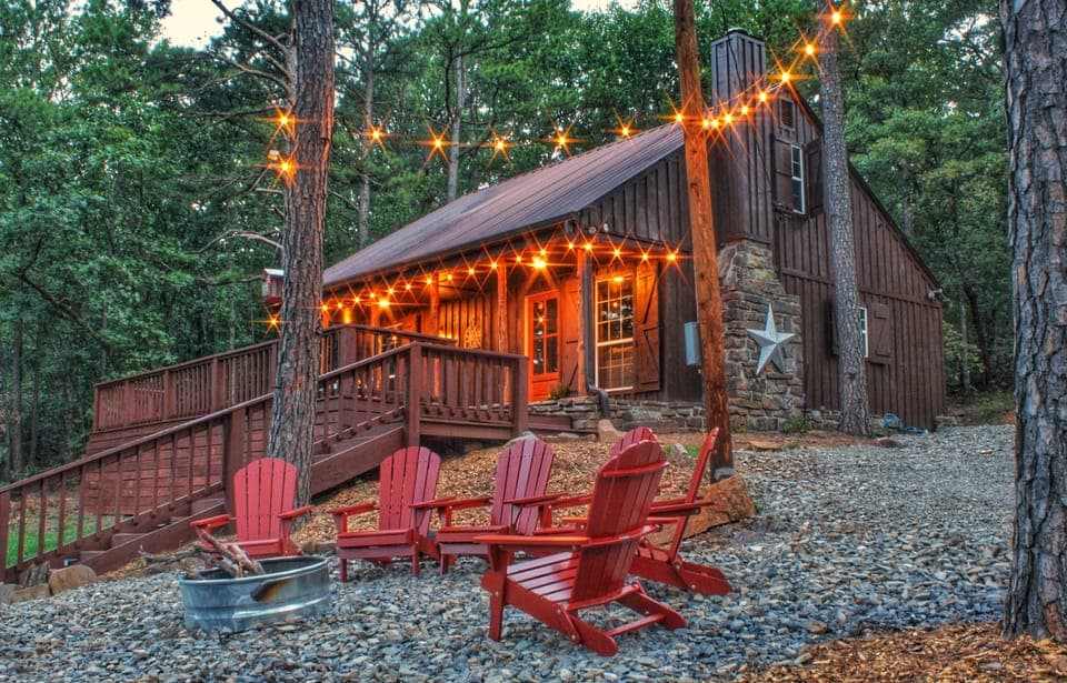 Grab a seat on the red Adirondack chairs and roast marshmallows by the firepit