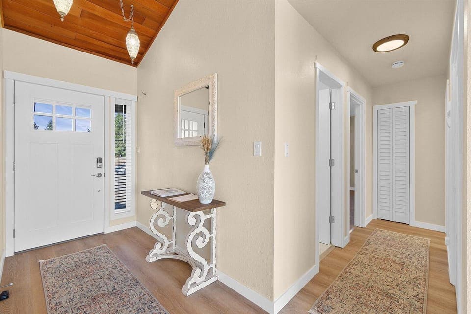 The beautiful wooden accents throughout the house bring warmth and charm to the interior