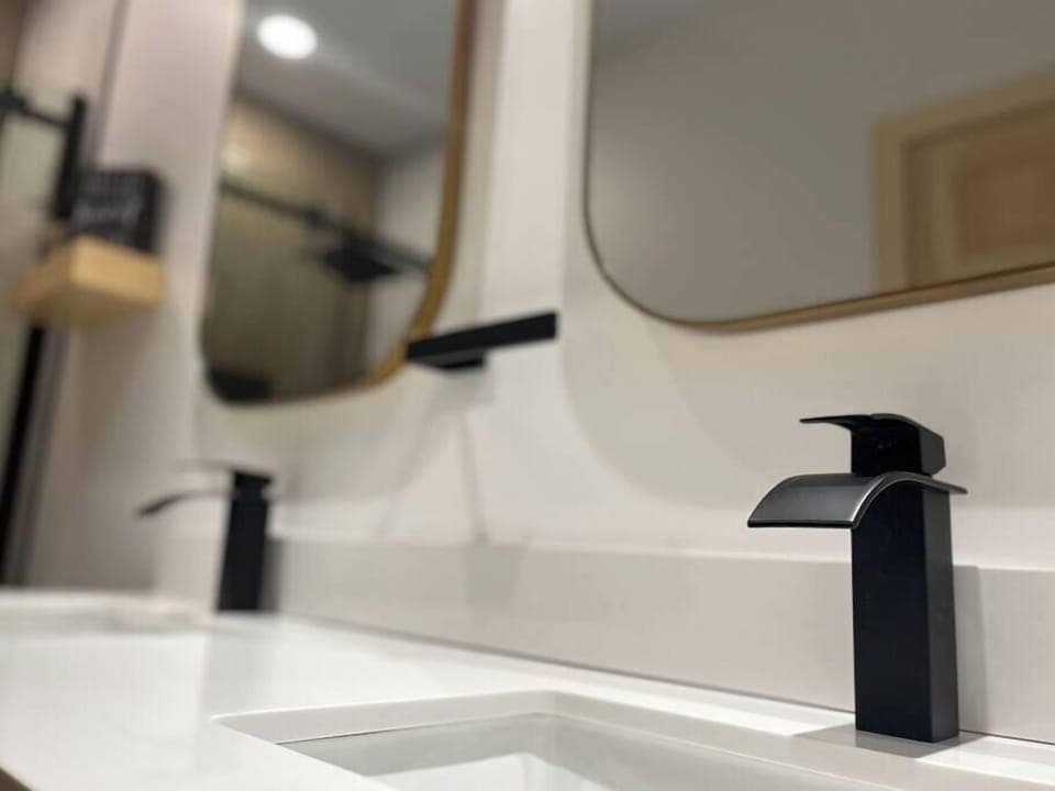 Plenty of space to get ready for the day or the night at the double vanity.