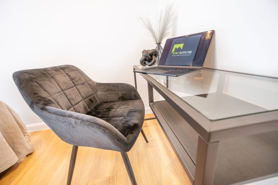 A cozy workspace, perfect for catching up on work or planning your next adventure!