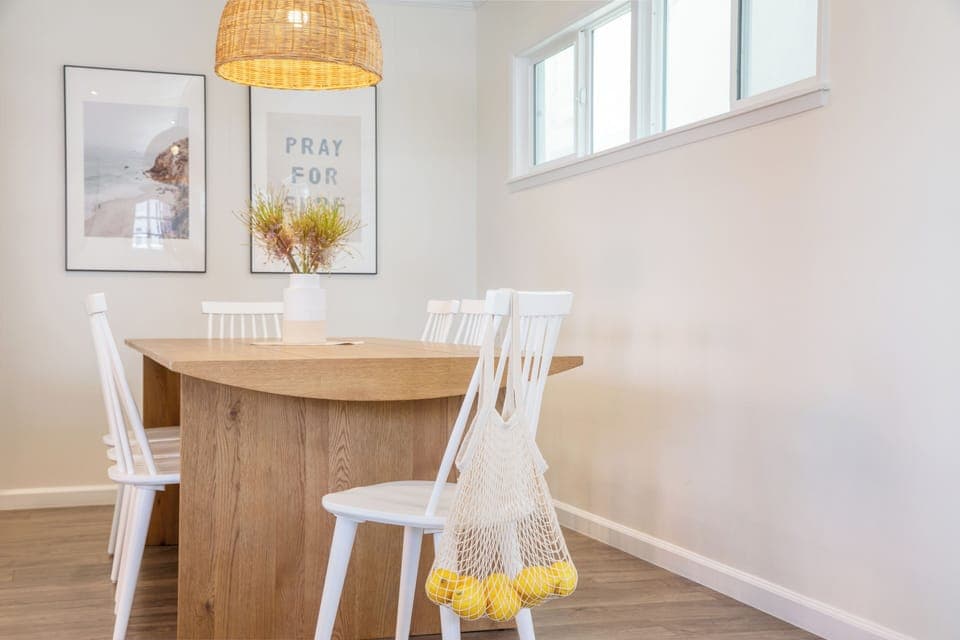 Dining table has seating for 8.