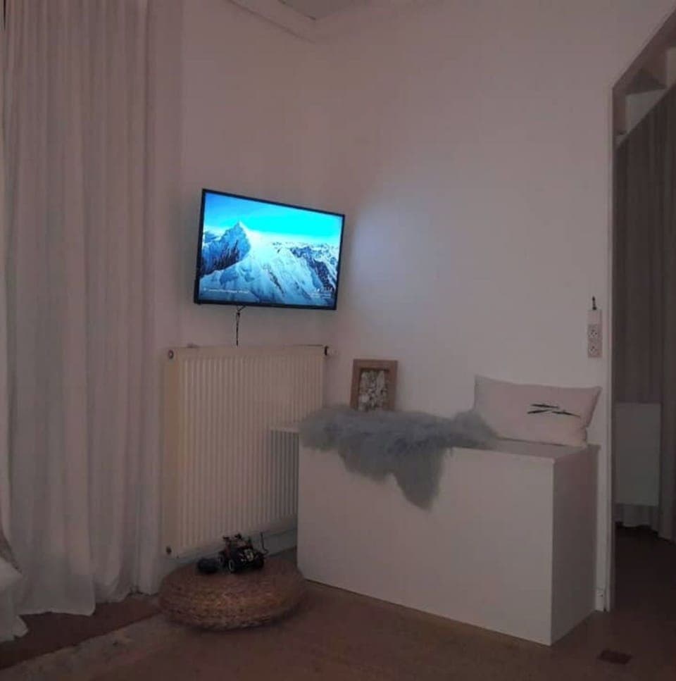 Salon. Télévision et coffre à coussins.