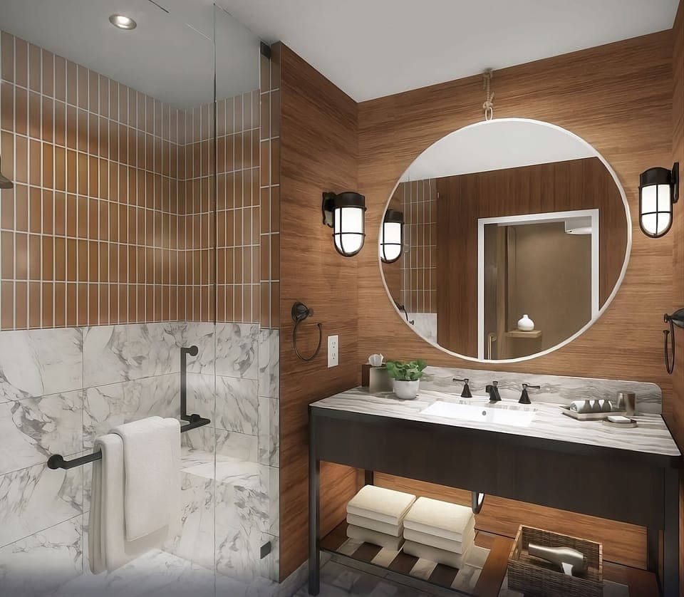 Refresh in a spa-like bath with marble and glow.