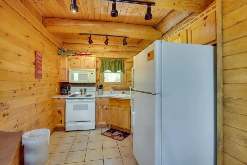 Indoors, Hardwood, Stained Wood, Refrigerator, Microwave