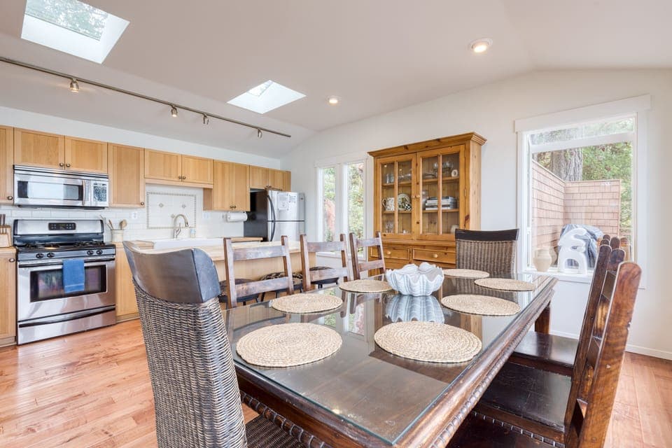 Dining table has seating for 8.