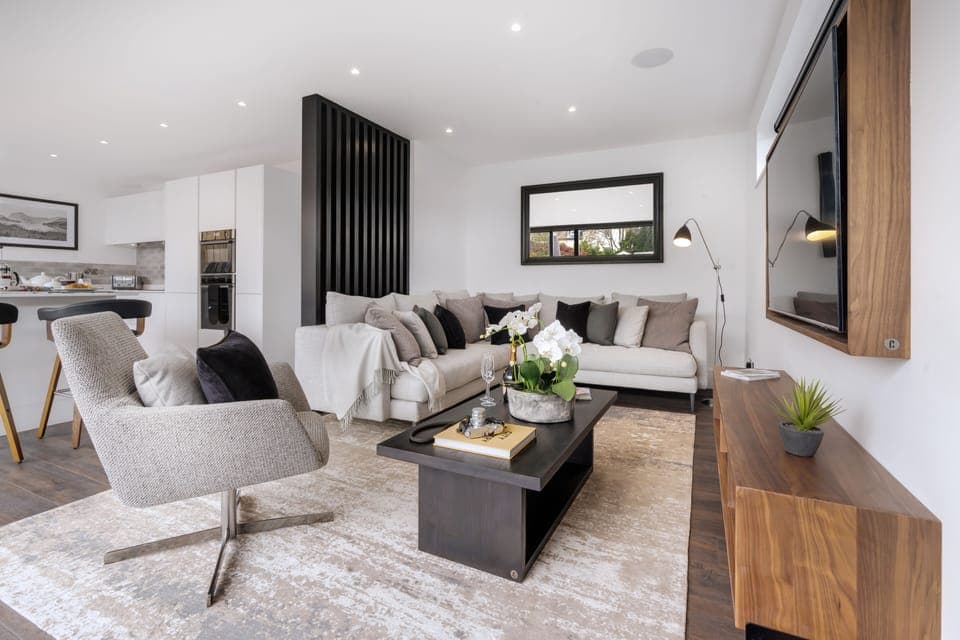 Scandinavian Style Open-plan living room with Garden views. 