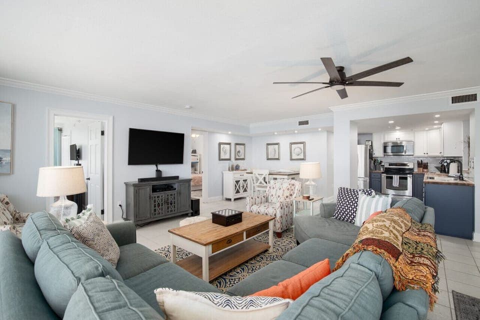 Open living with easy access to the kitchen and dining areas.