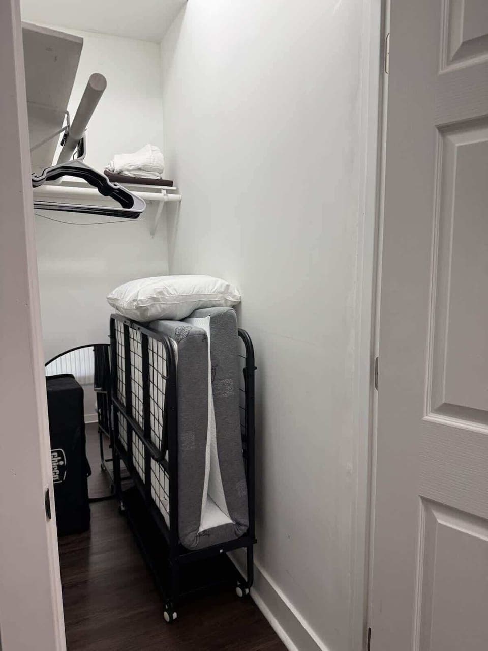Rollaway cot size bed stored in the primary bedroom closet on the main floor. Pillows, sheets, and blanket provided!