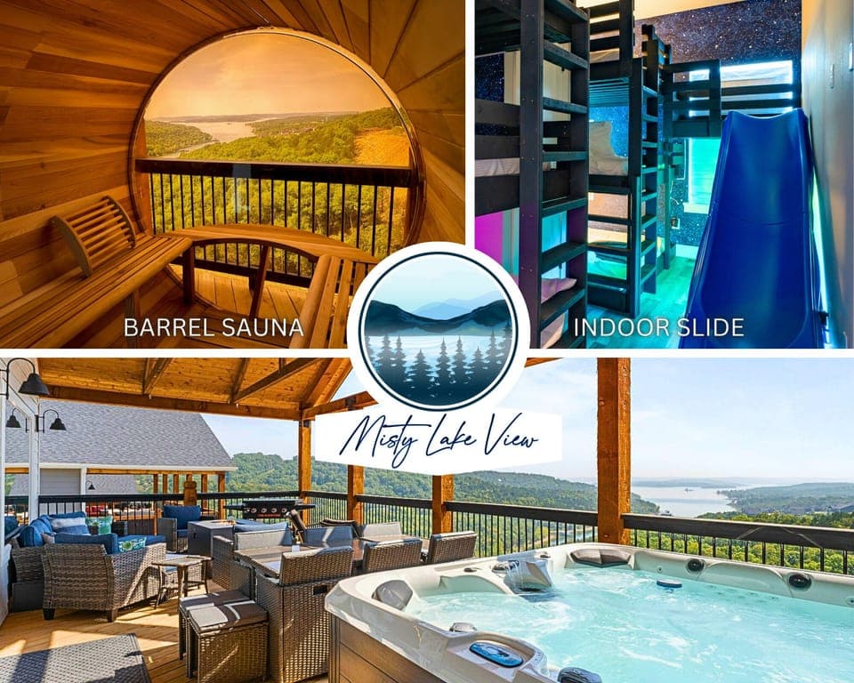 Welcome to MISTY LAKE VIEW! This 8BR getaway has it all — HOT TUB, BARREL SAUNA, INDOOR SLIDE, and space for the whole crew to relax and play.