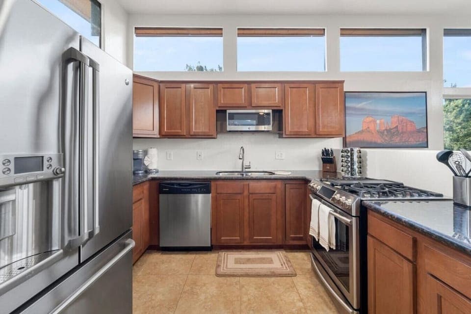Modern updates in the kitchen area provide a comfortable culinary experience