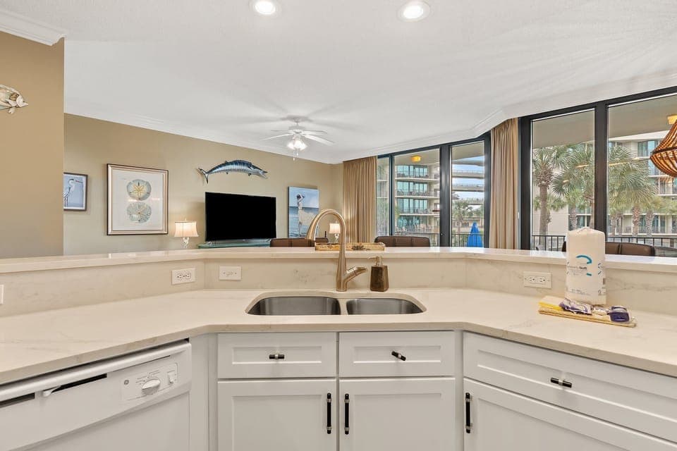 Kitchen looking out to living room area