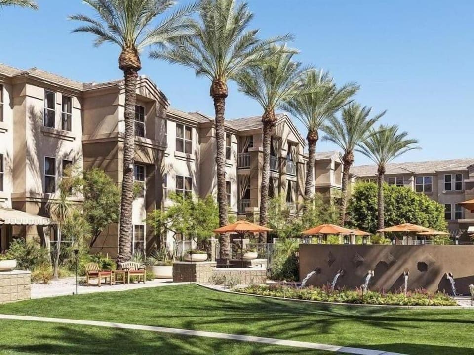 Soak up the sun beside fountains and shaded seating nooks.